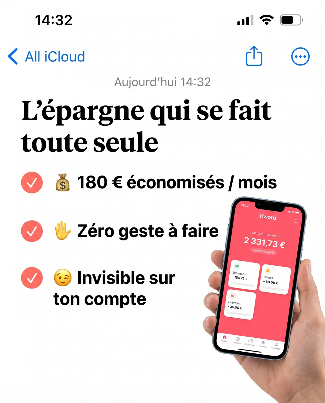 Créa « Fausse note iPhone » générée pour Kwota, application mobile