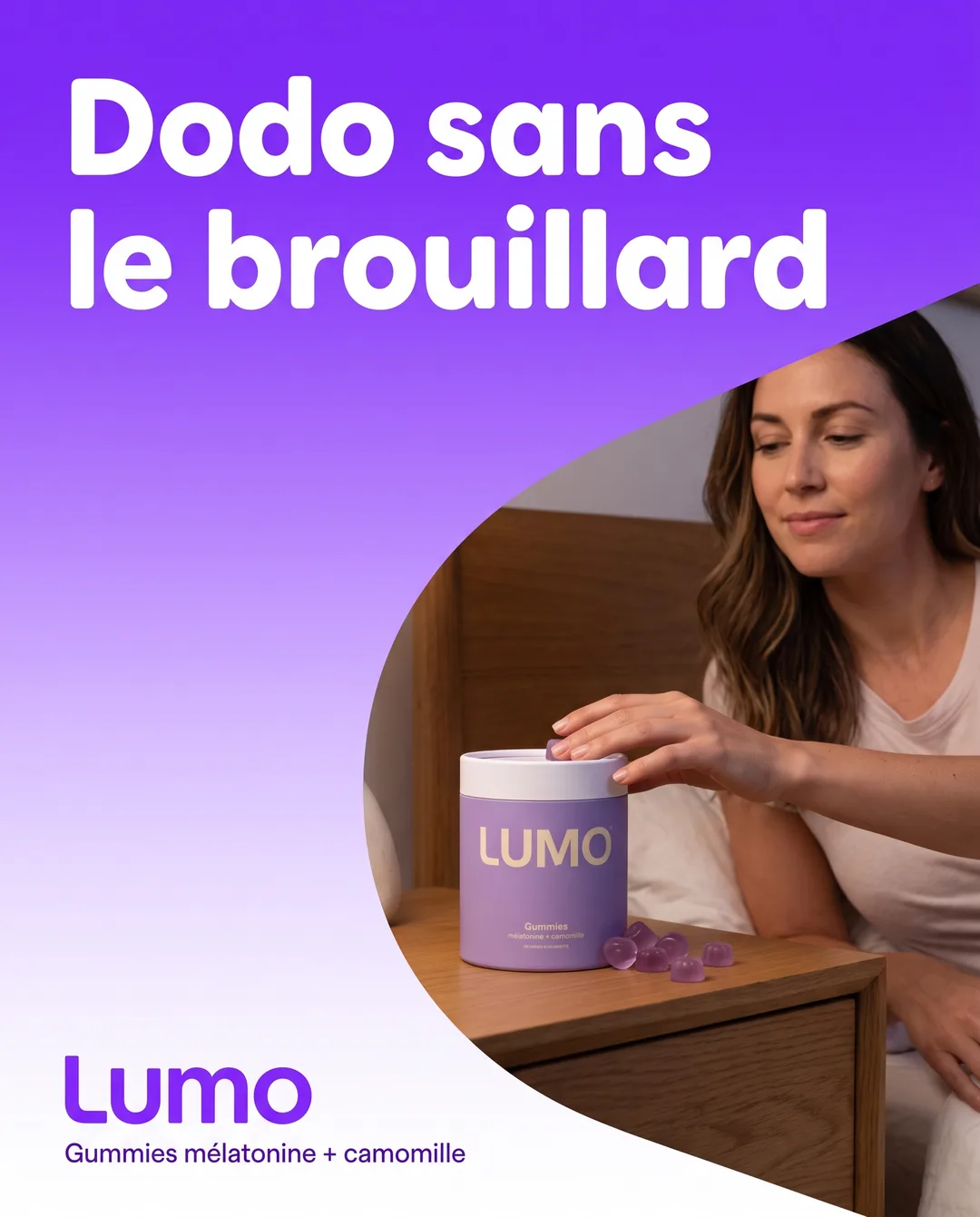 Créa « Affirmation typographique » générée pour Lumo, complément sommeil