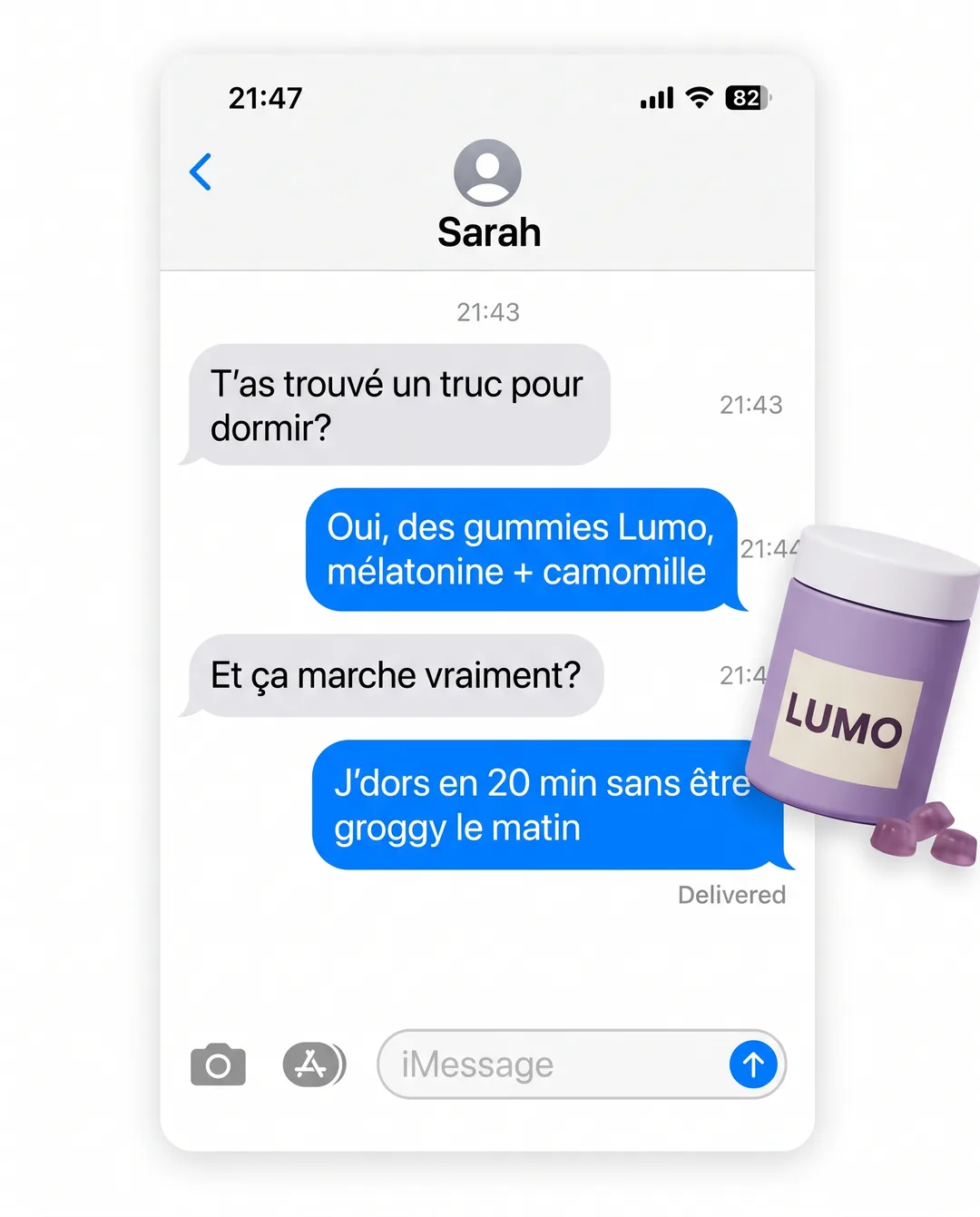 Créa « Faux fil iMessage » générée pour Lumo, complément sommeil