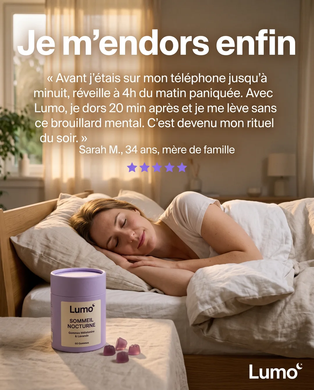 Créa « Témoignage client » générée pour Lumo, complément sommeil
