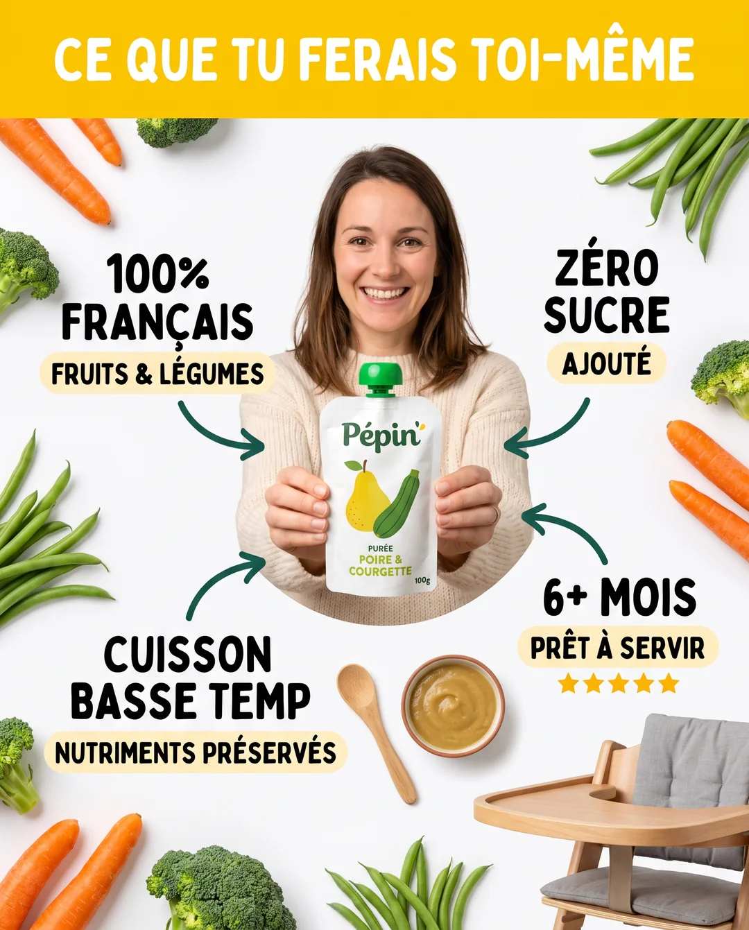 Créa « Flat lay chiffré » générée pour Pépin, alimentation bébé