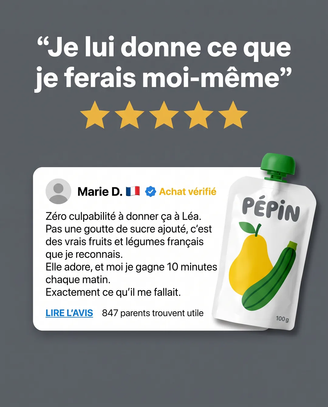 Créa « Avis vérifié » générée pour Pépin, alimentation bébé